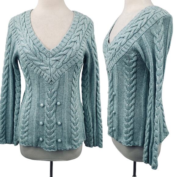 Vintage Sweaters - Vintage Y2k Old Navy Cotton Lambswool Sweater V Neck Pom Pom Cable Knit Blue M